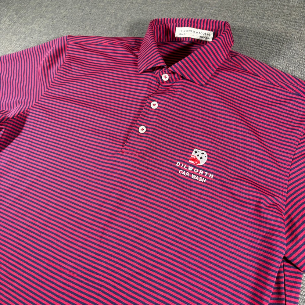 Holderness & Bourne Polo Shirt Mens L Red Navy Striped Tailored Fit Short Sleeve